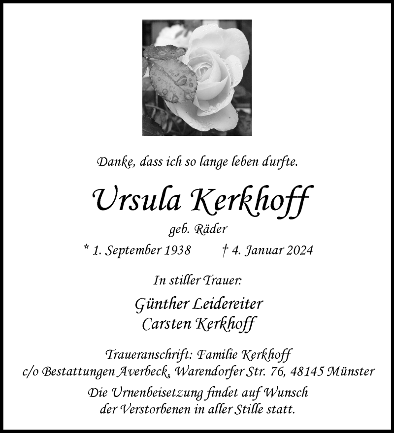  Traueranzeige für Ursula Kerkhoff vom 13.01.2024 aus 