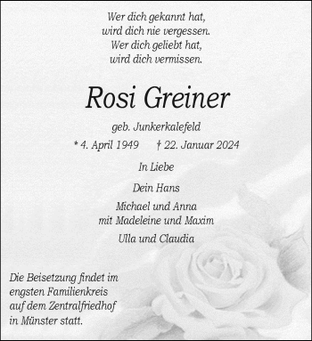 Anzeige von Rosi Greiner 