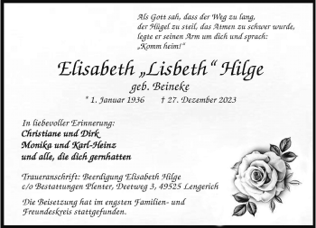 Anzeige von Elisabeth Hilge 