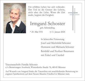 Anzeige von Irmgard Schoster 
