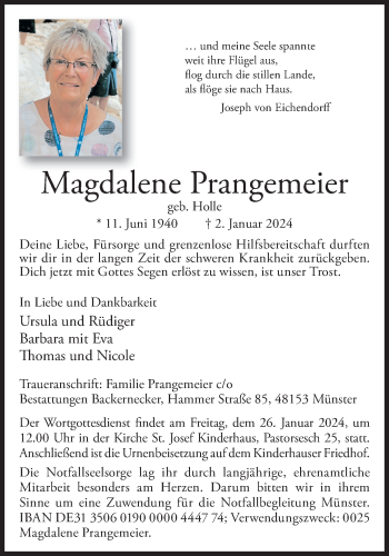 Anzeige von Magdalene Prangemeier 