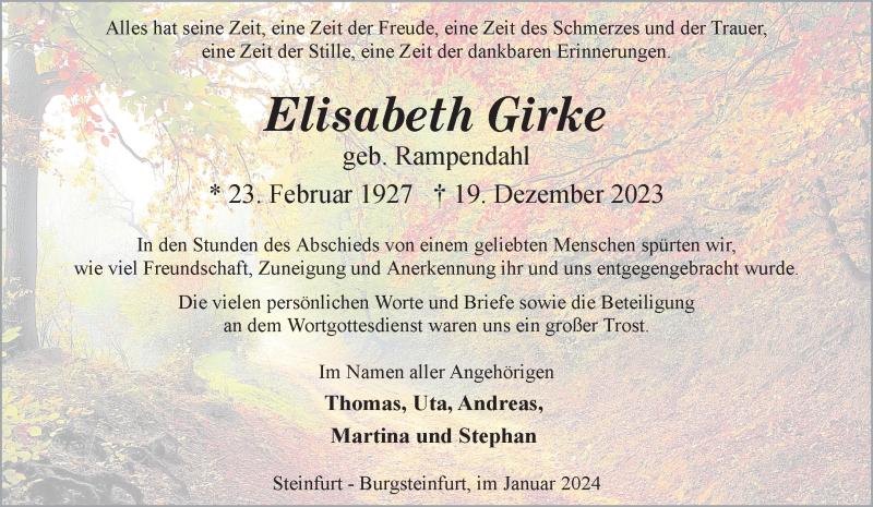  Traueranzeige für Elisabeth Girke vom 20.01.2024 aus 