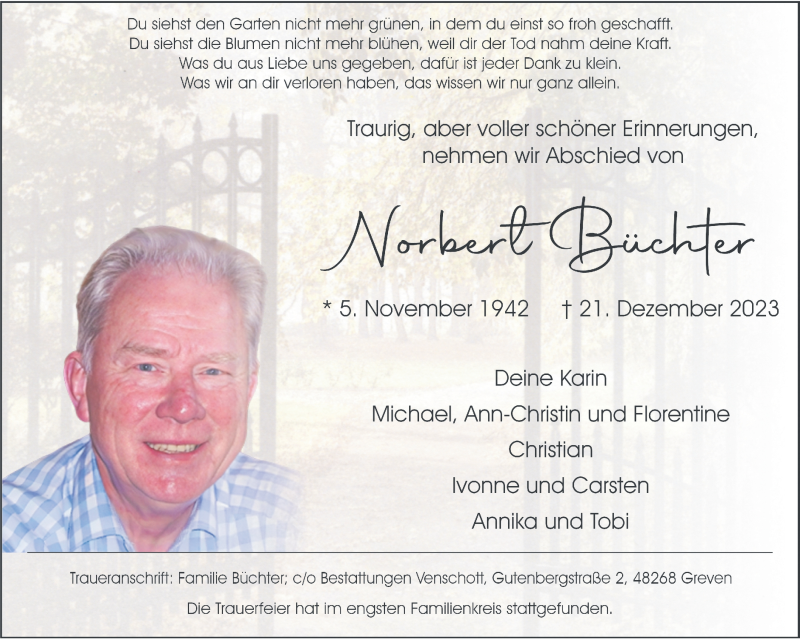  Traueranzeige für Norbert Büchter vom 13.01.2024 aus 