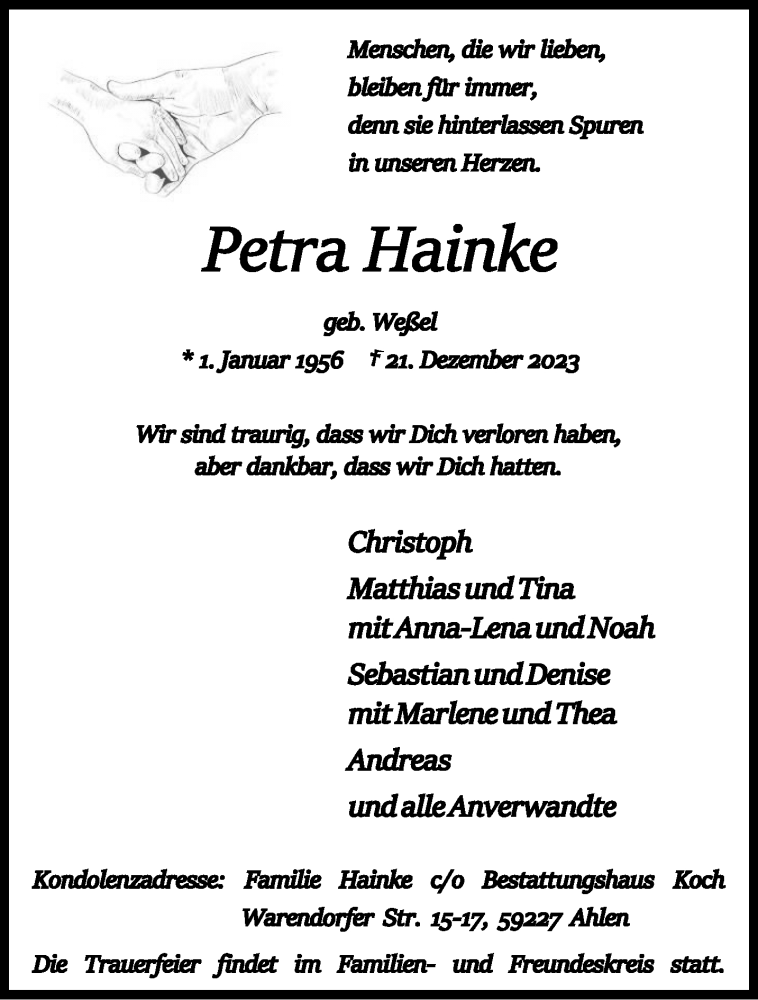  Traueranzeige für Petra Hainke vom 30.12.2023 aus 