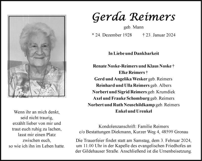  Traueranzeige für Gerda Reimers vom 31.01.2024 aus 