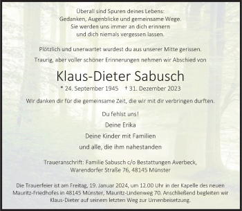 Anzeige von Klaus-Dieter Sabusch 