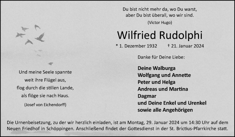  Traueranzeige für Wilfried Rudolphi vom 24.01.2024 aus 