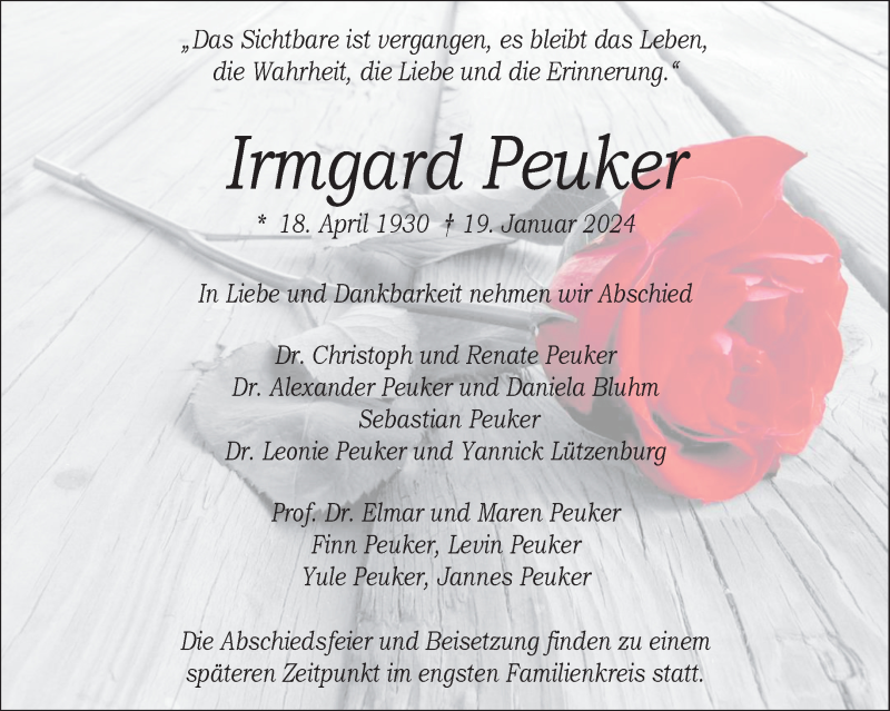  Traueranzeige für Irmgard Peuker vom 27.01.2024 aus 