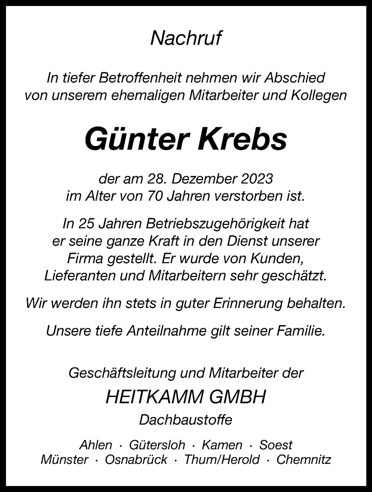  Traueranzeige für Günter Krebs vom 13.01.2024 aus 