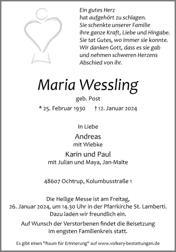 Anzeige von Maria Wessling 