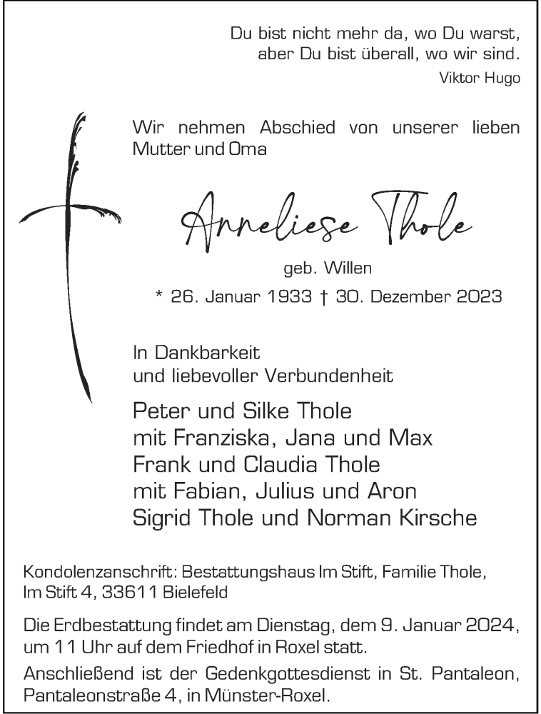 Traueranzeige für Anneliese Thole vom 06.01.2024 aus 