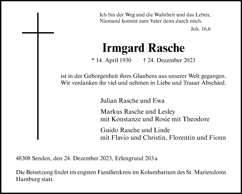  Traueranzeige für Irmgard Rasche vom 06.01.2024 aus 