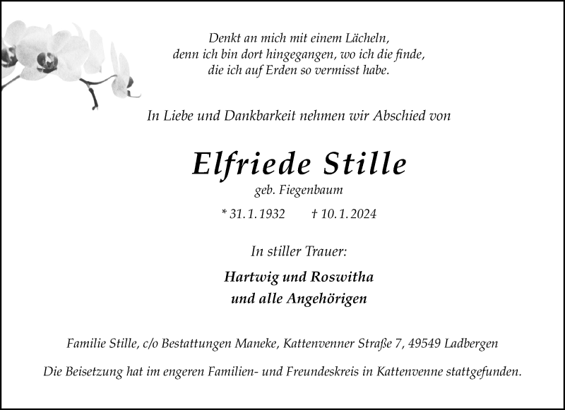  Traueranzeige für Elfriede Stille vom 18.01.2024 aus 