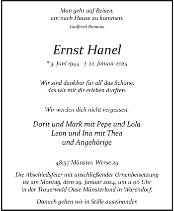 Anzeige von Ernst Hanel 