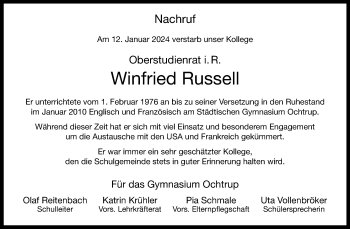 Anzeige von Winfried Russell 