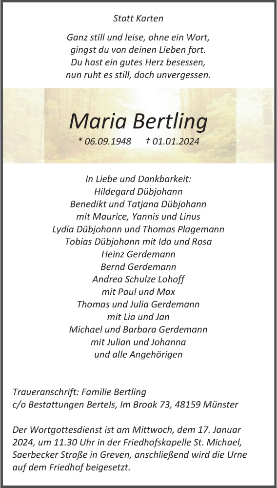  Traueranzeige für Maria Bertling vom 06.01.2024 aus 
