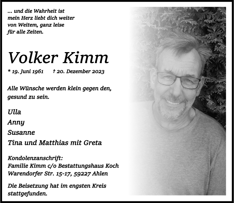  Traueranzeige für Volker Kimm vom 13.01.2024 aus 