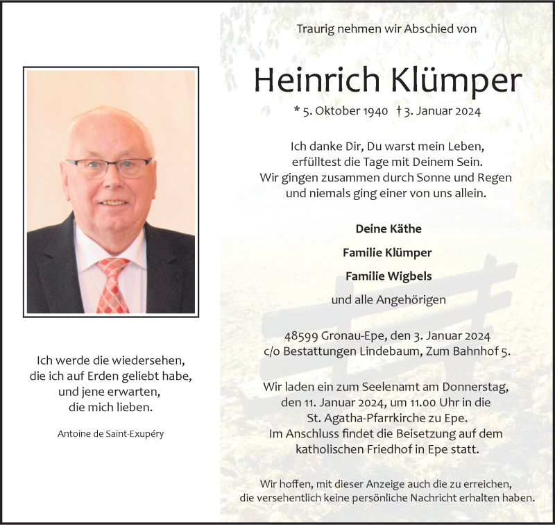  Traueranzeige für Heinrich Klümper vom 06.01.2024 aus 