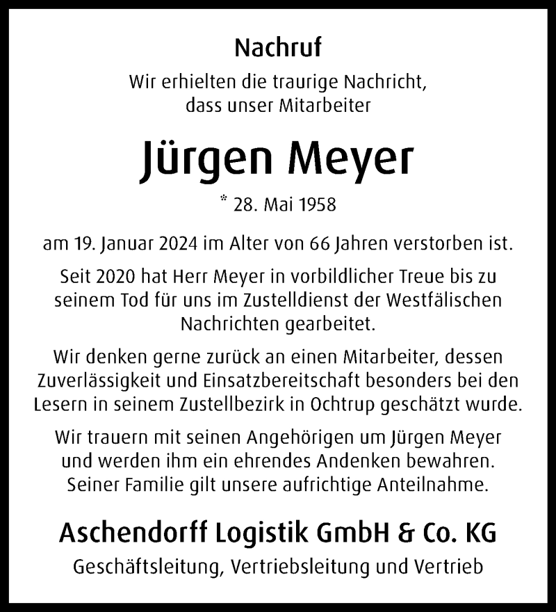  Traueranzeige für Jürgen Meyer vom 27.01.2024 aus 