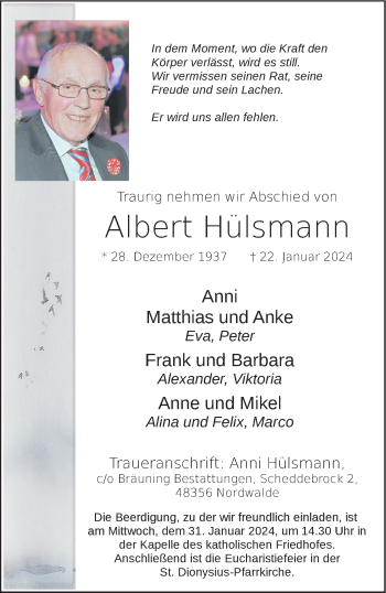 Anzeige von Albert Hülsmann 