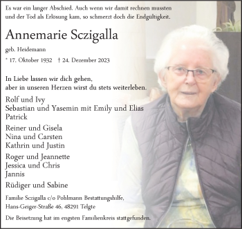 Anzeige von Annemarie Sczigalla 
