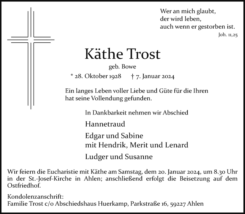  Traueranzeige für Käthe Trost vom 13.01.2024 aus 