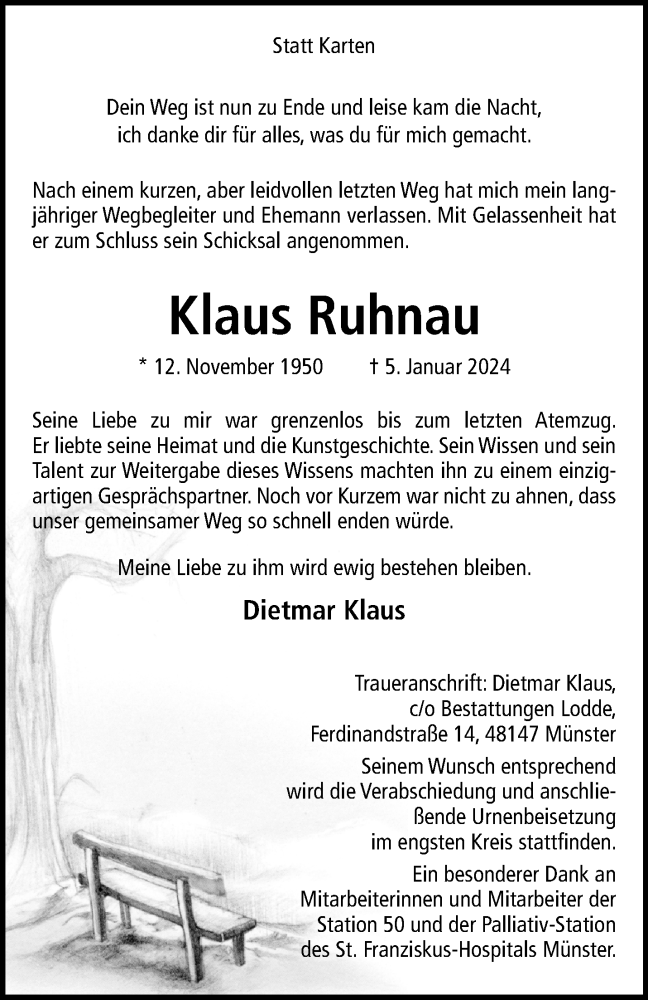  Traueranzeige für Klaus Ruhnau vom 13.01.2024 aus 