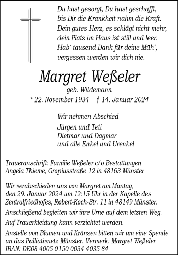 Anzeige von Margret Weßeler 