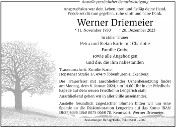 Anzeige von Werner Driemeier 