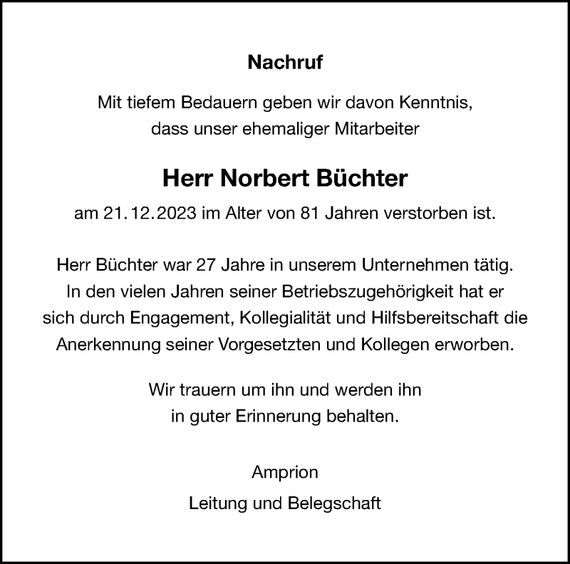  Traueranzeige für Norbert Büchter vom 17.01.2024 aus 