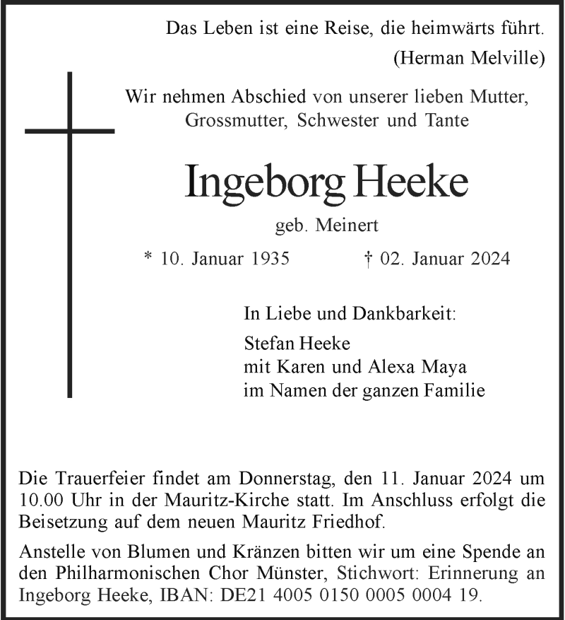  Traueranzeige für Ingeborg Heeke vom 06.01.2024 aus 