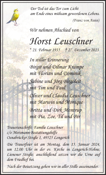 Anzeige von Horst Leuschner 