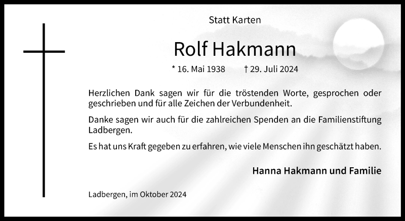  Traueranzeige für Rolf Hakmann vom 19.10.2024 aus 