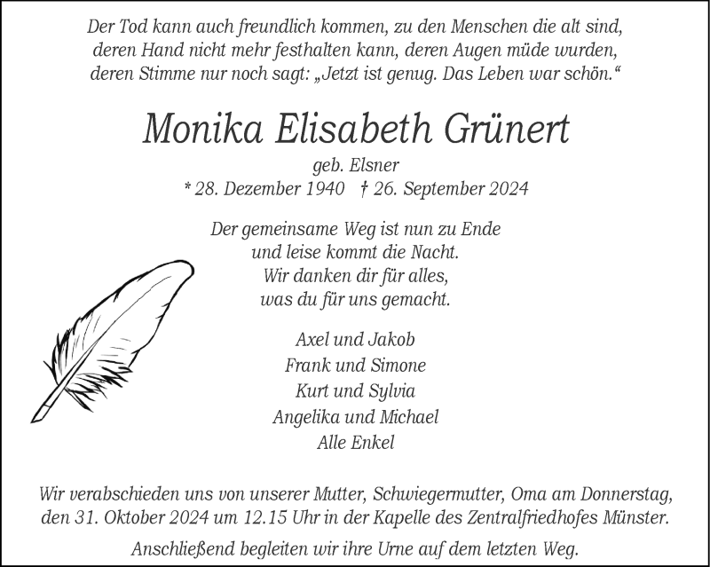  Traueranzeige für Monika Elisabeth Grünert vom 19.10.2024 aus 
