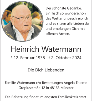 Anzeige von Heinrich Watermann 