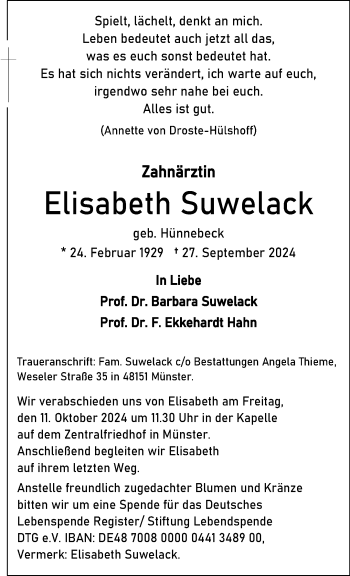 Anzeige von Elisabeth Suwelack 