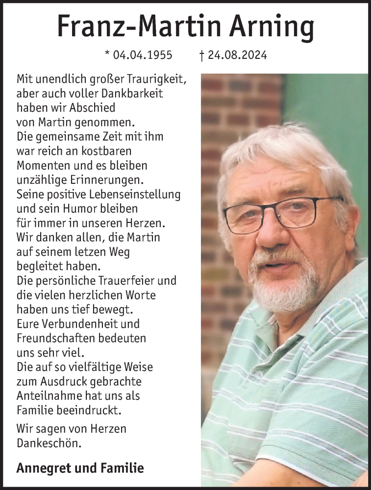  Traueranzeige für Franz-Martin Arning vom 26.10.2024 aus 