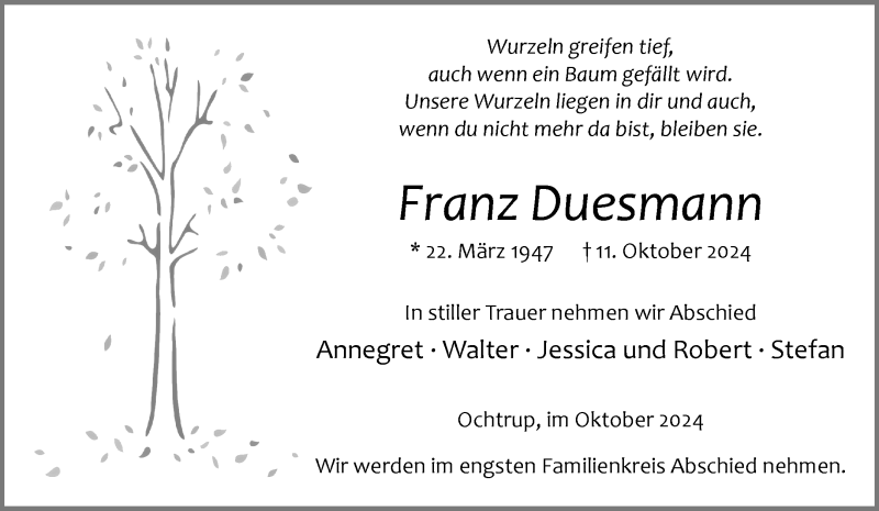  Traueranzeige für Franz Duesmann vom 15.10.2024 aus 