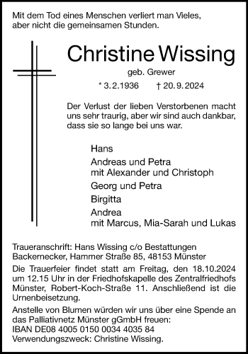 Anzeige von Christine Wissing 