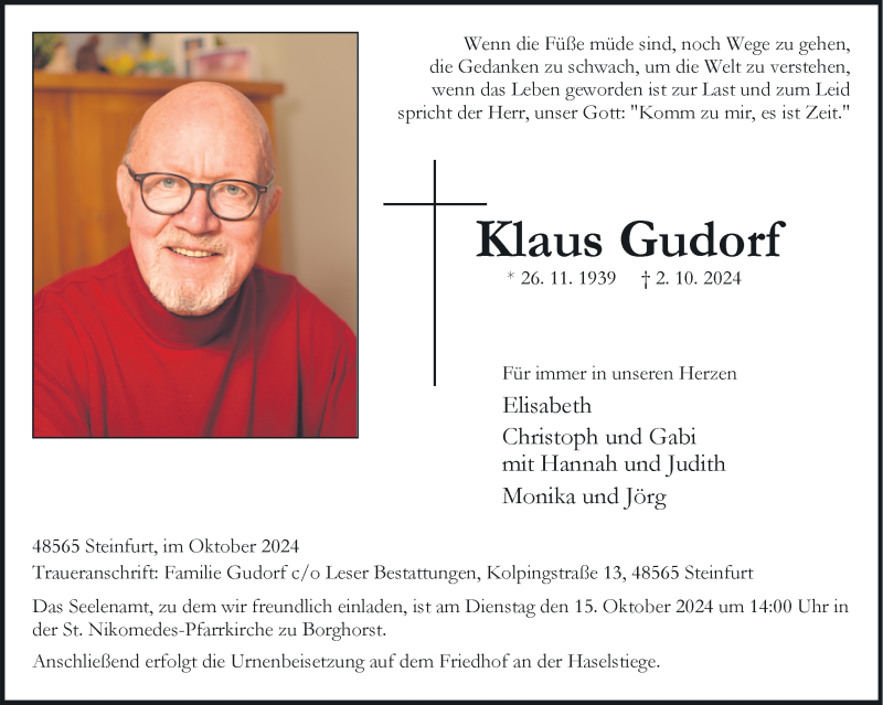  Traueranzeige für Klaus Gudorf vom 12.10.2024 aus 
