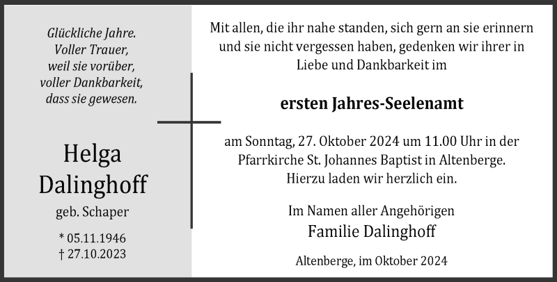  Traueranzeige für Helga Dalinghoff vom 19.10.2024 aus 