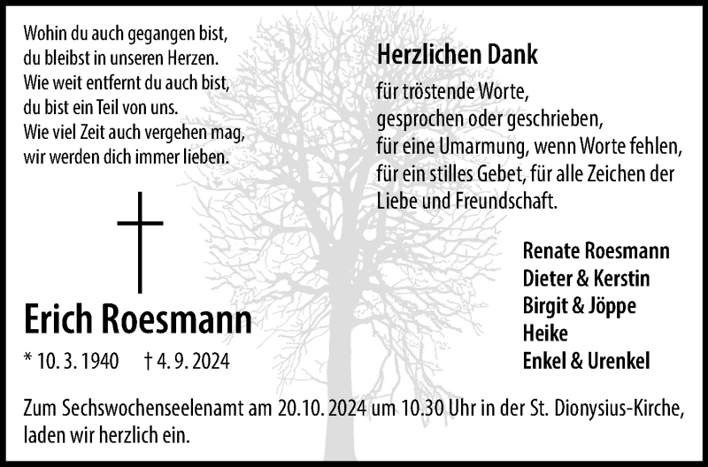  Traueranzeige für Erich Roesmann vom 16.10.2024 aus 