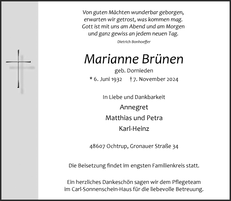  Traueranzeige für Marianne Brünen vom 12.11.2024 aus 