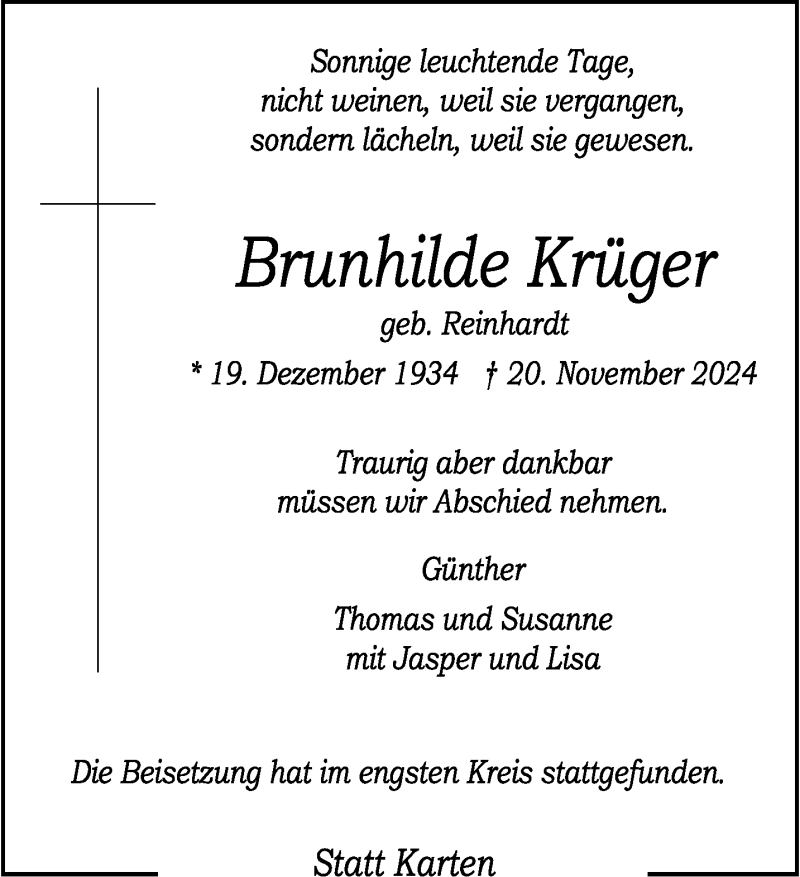  Traueranzeige für Brunhilde Krüger vom 30.11.2024 aus 