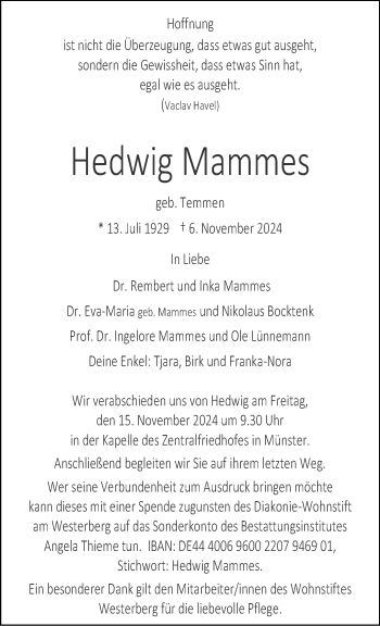 Anzeige von Hedwig Mammes 