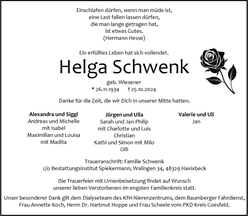  Traueranzeige für Helga Schwenk vom 01.11.2024 aus 