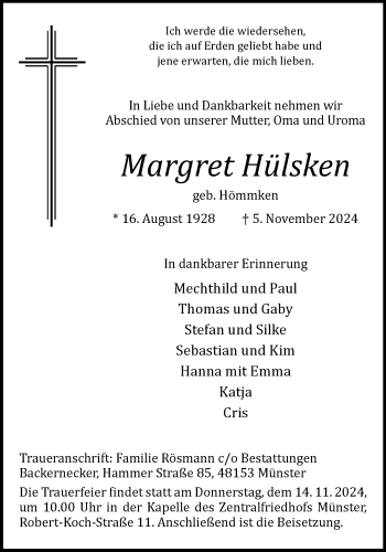 Anzeige von Margret Hülsken 