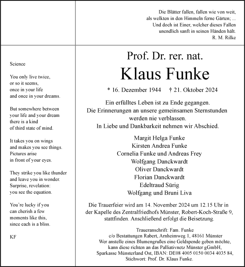  Traueranzeige für Prof. Dr. rer. nat. Klaus Funke vom 01.11.2024 aus 