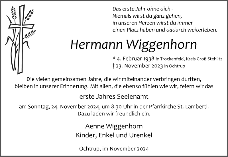  Traueranzeige für Hermann Wiggenhorn vom 20.11.2024 aus 