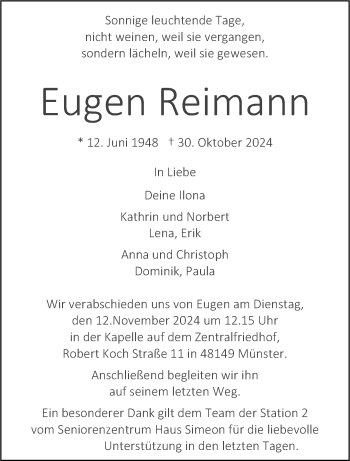 Anzeige von Eugen Reimann 